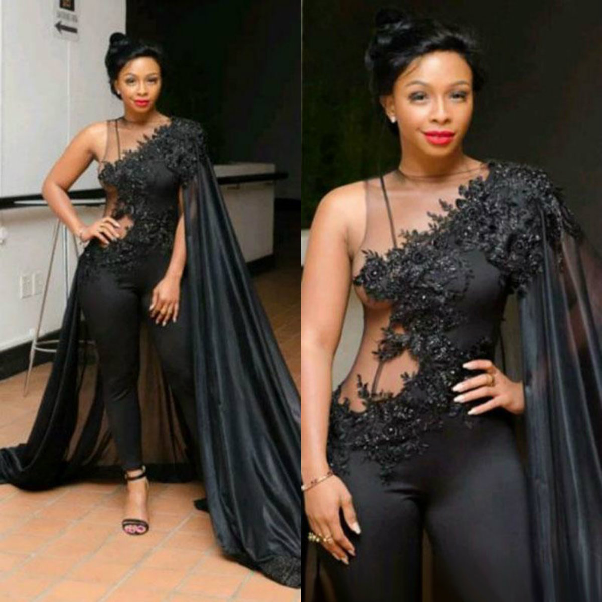Sexy Black Prom Dresses Women Jumpsuits With Cape Wrap South Africa Lace Applique Beaded Evening Gowns Custom Made Formal Party Dresses