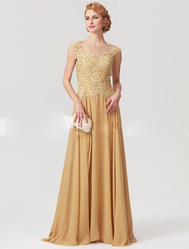 Elegant Gold Mother of the Bride Dresses A Line Lace Beaded Plus Size Chiffon Floor Length Zipper Back Mother's Dress Formal Prom Dresses