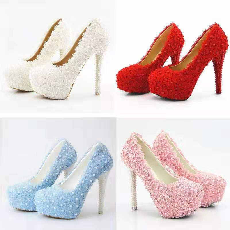 Lace Flower Wedding Shoes Pearls Pumps High Heels Bridal Shoes 14cm Bling Bling Prom Shoes for Lady