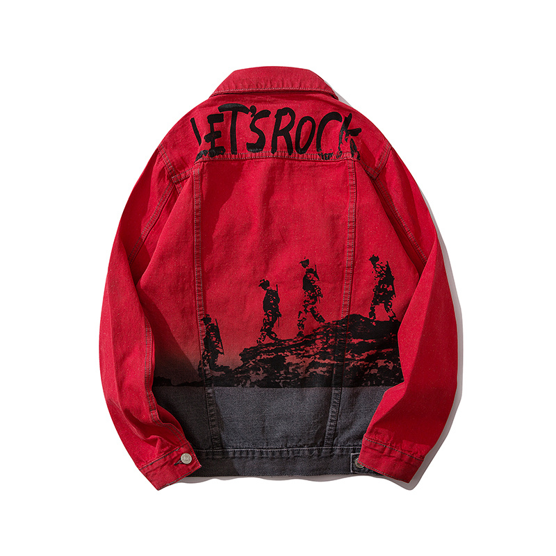 Red Jeans Jacket Men Streetwear Spliced Hip Hop Denim Jacket