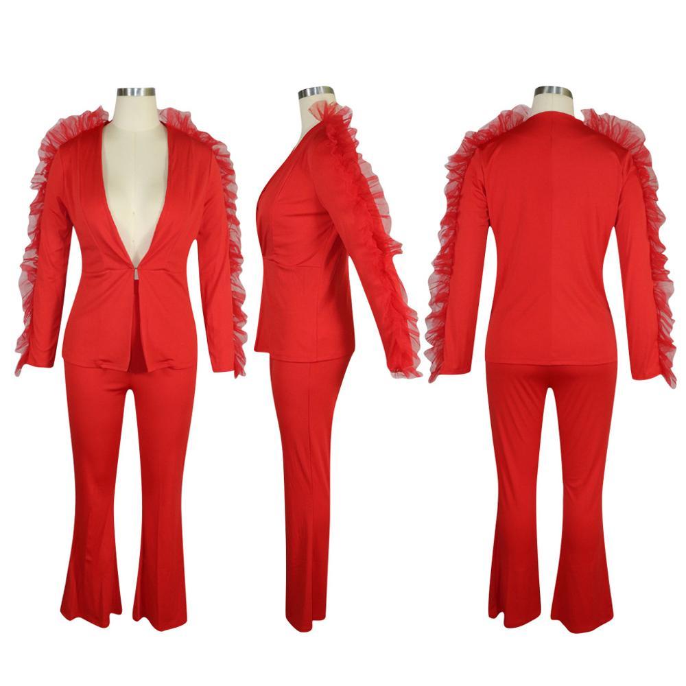 Solid Mesh Ruffle Fashion Two Piece Set: Blazer & Wide Leg Pants B4