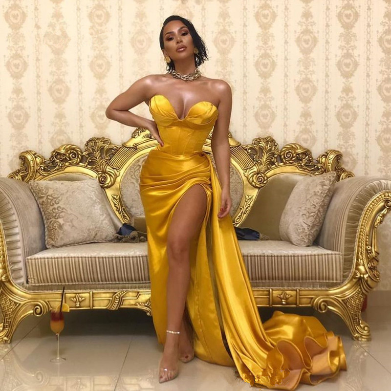 Yellow Gold Sweetheart Satin Mermaid Split Long Prom Dresses Black Girls Ruched Formal Sweep Train Formal Party Evening Gowns, Silver
Yellow Gold Sweetheart Satin Mermaid Split Long Prom Dresses Black Girls Ruched Formal Sweep Train Formal Party Evening Gowns, Silver