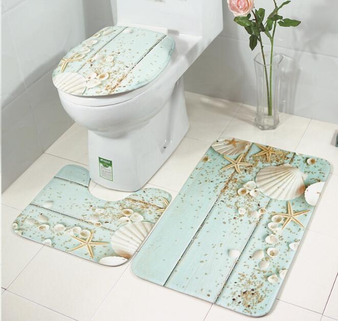 3D Wood Printed Toilet Cover Set Shower Bath Rugs Lid Toilet Cover + Toilet Mat Non Slip Water Absorption Rug