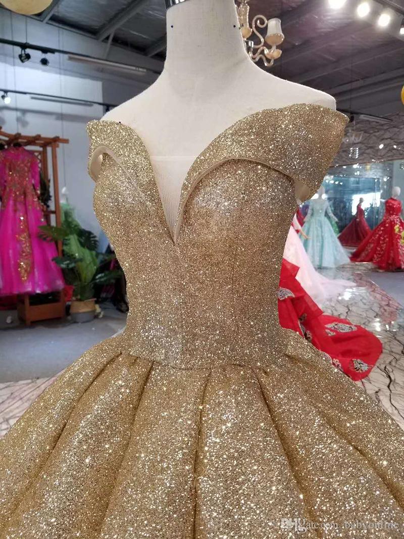 New Long Bling Gold Prom Dresses Sequins Ball Gown Quinceanera Dresses Off Shoulder Court Train Formal Evening Wear Dress Lace Up Back