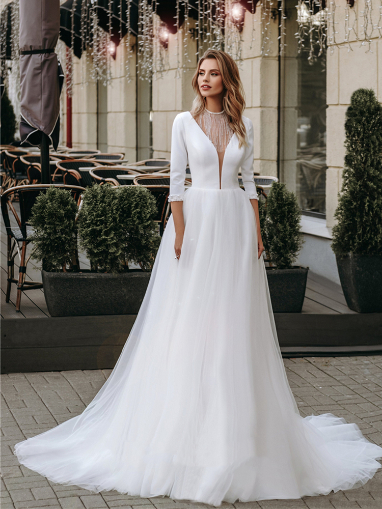 Simple Design White Satin Tulle Wedding Dresses Deep V Neck 3/4 Sleeve A Line Sweep Trail Bridal Gowns Vestidos De Noiva, Ivory
Simple Design White Satin Tulle Wedding Dresses Deep V Neck 3/4 Sleeve A Line Sweep Trail Bridal Gowns Vestidos De Noiva, Ivory