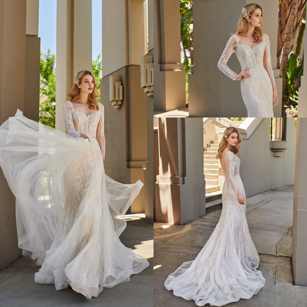 Long Sleeve Mermaid Wedding Dresses See Through Scoop Neck Lace Appliques Bridal Gowns Backless Sweep Train Plus Size Wedding Dress