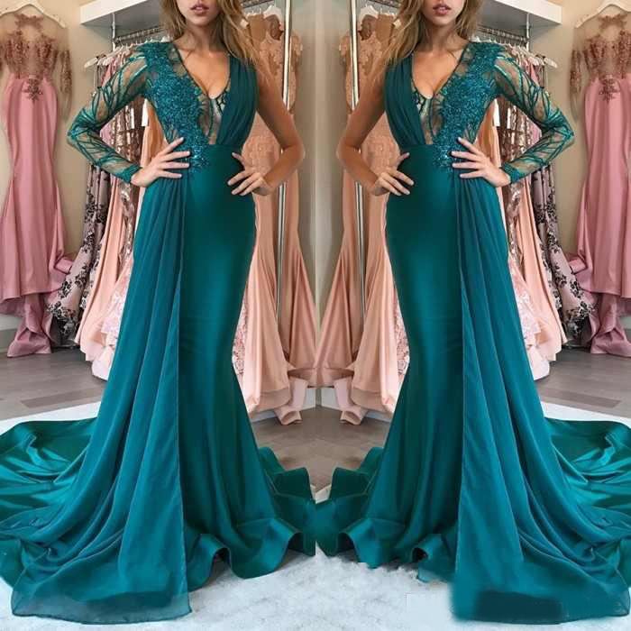 Sexy V Neck Mermaid Prom Dresses One Long Sleeves Satin Tulle Appliques Ruffles Sweep Train Evening Dresses