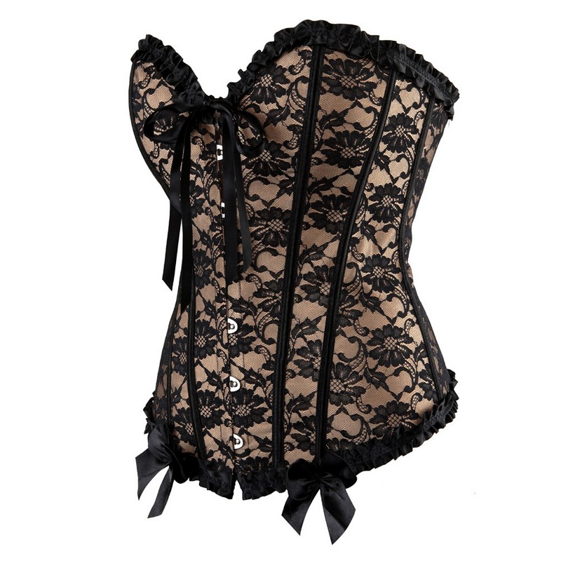 Elegant Women's Lace Overlay Jacquard Frill Lacy Corset Top Sexy Plus Size S-6XL Burlesque Lace-up Overbust Club Dance Party Corset Bustier
