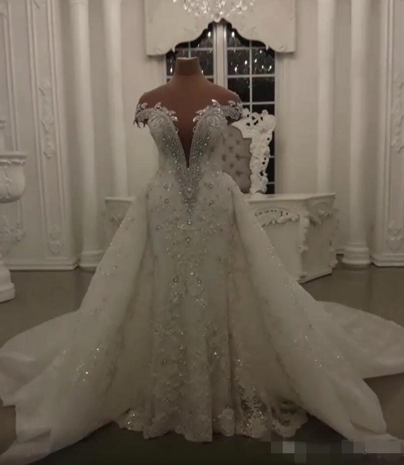 A-e Mor Dresses Beading with Overskirt Pluning V Neck Sweep Train Lace Applique 2019 Custom Made Wedding Gown