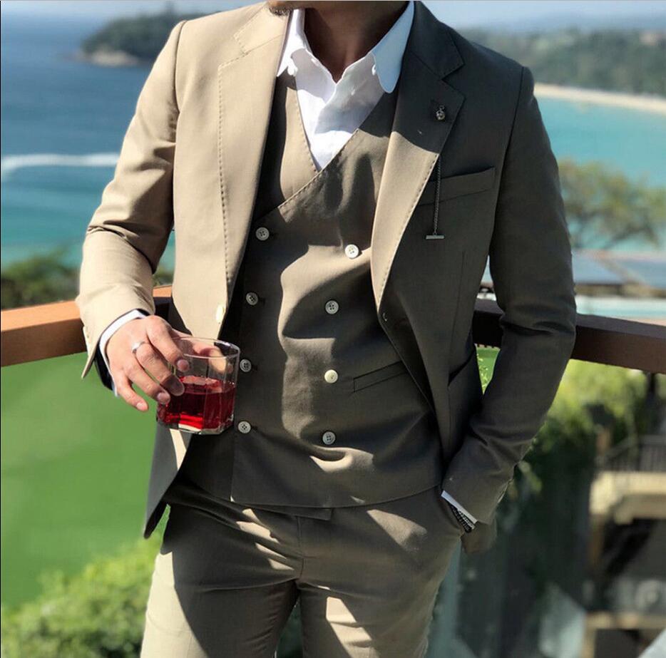 Men's Khaki Black Single-Breasted Vest 3 Piece (Blazer+Pant+Vest) Suits Party Groom Wedding Tuxedos Spring Business Clothing Set