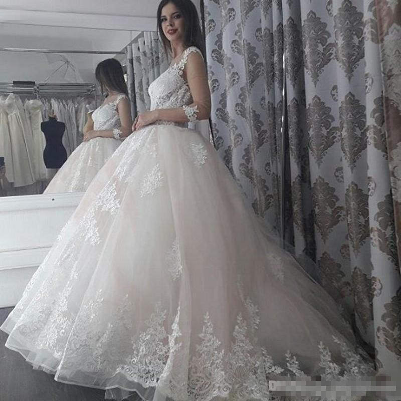 Lace Applique Ball Gown Dresses With Straps Organza Sweep Train Custom Made Plus Size Wedding Bridal Gowns