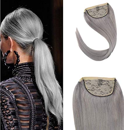 Gray Pony tail 14 inch Clip in Human Hair Grey Pony tail hairpiece Remy Hair Wrap Around straight wavy Ponytail Hair extension 100g