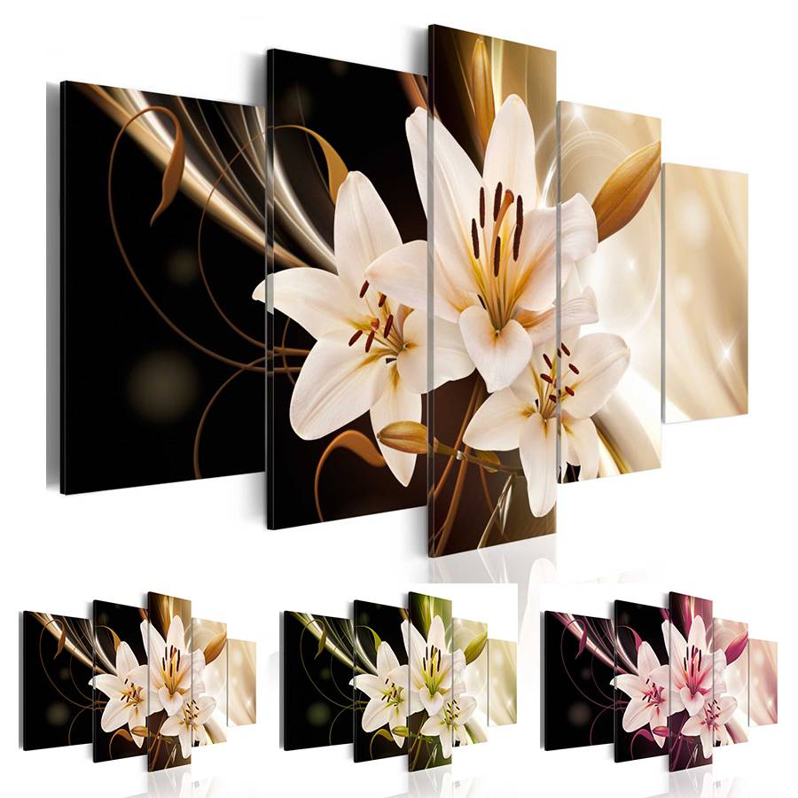 Fashion Wall Art Canvas Painting 5 Pieces Red Green Brown Lilies Flower Modern Home Decoration,Choose Color And Size No Frame