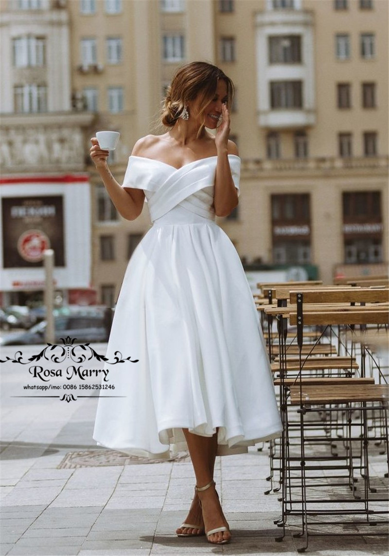 Modest Plus Size Cheap Short Wedding Dresses 2020 A Line Off Shoulder White Simple Country Beach Tea Length Bridal Gowns Vestido De Novia