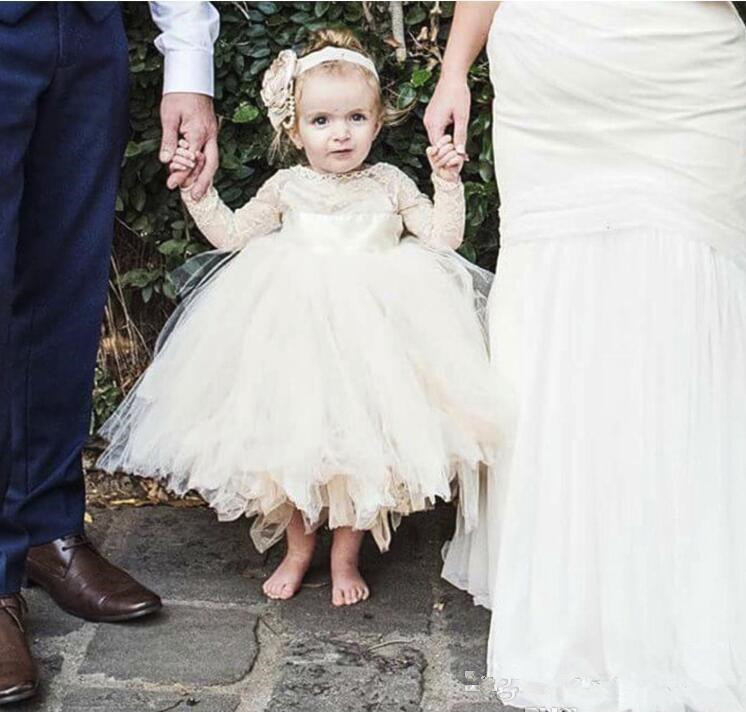Cheap 2020 Lovely Flower Girls' Dresses Ivory Baby Infant Toddler Baptism Clothes Long Sleeves Lace Tutu Ball Gowns Birthday Party Dress