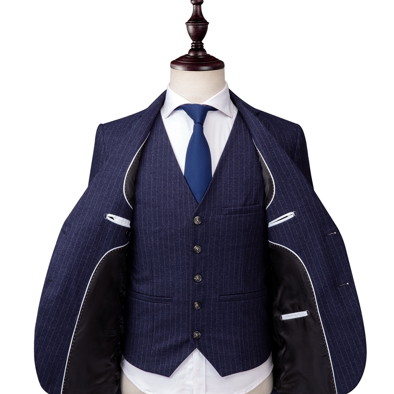 Grey Mens Pinstripe Suits British Style Slim Notch Lapel Groom Party Tuxedo Wedding Tuxedos Formal Prom Suit (Jacket+Pants+Vest)