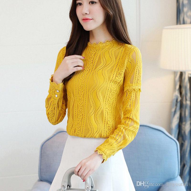 2020 Autumn Winter Fashion Lace Blouse Long Sleeve Slim Body Lace Shirt Women Tops Elegant Plus Size Lace Top