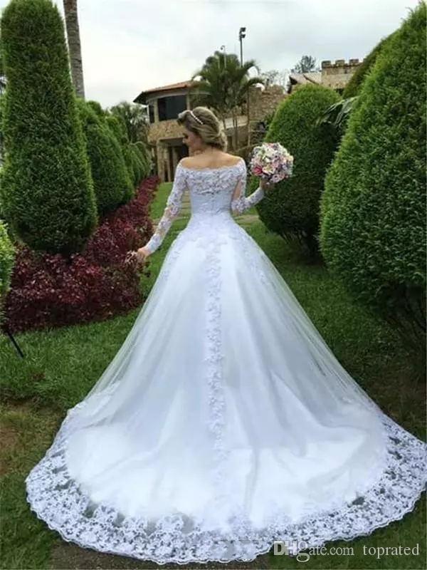 Elegant Lace New A Line Dresses Bateau Neck Long Sleeves Tulle Applique Beaded Sweep Train Wedding Bridal Gowns Vestidos De Noiva pplique