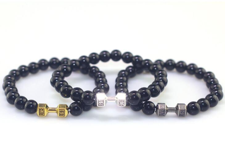 Shiny Dumbbell Bracelet Couple Bracelet Fitness Dumbbell Black Shiny Beaded Bracelet WY357