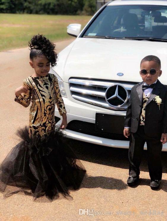 2019 Black and Gold Mermaid Flower Girl Dresses With Sequins Lace Ruffle Train Girls Pageant Dress Plus Size Formal Little Prom Party Gowns