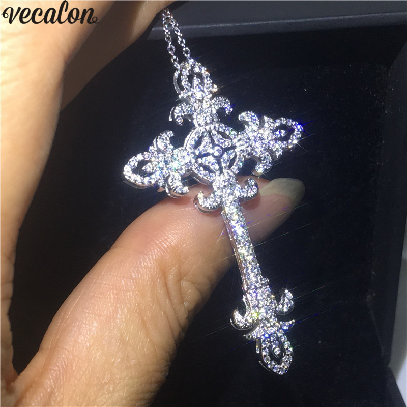 Vecalon Flower Long Cross pendant 925 Sterling silver 5A Cz Stone cross Pendant necklace for Women Men Party Wedding Jewelry
