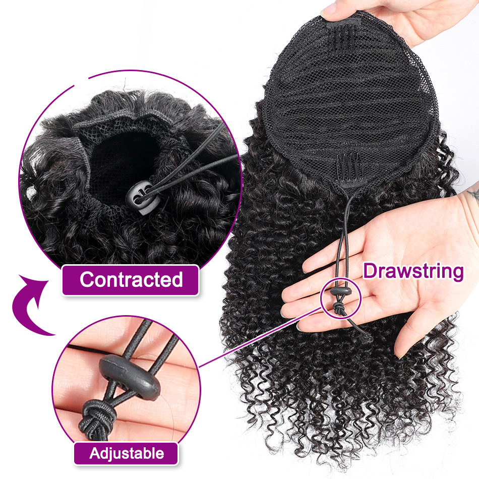Afro Kinky Curly Human Remy Brazilian Drawstring Ponytail 1 Piece Clip In Hair Extensions 1B Pony Tail