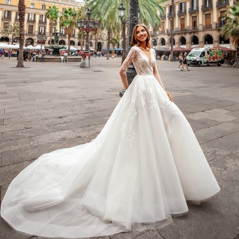 A Elegant Lace Line Backless Wedding Dresses Deep V Neck Appliqued Long Sleeves Bridal Gowns Sweep Train Tulle Robe De Marie ppliqued