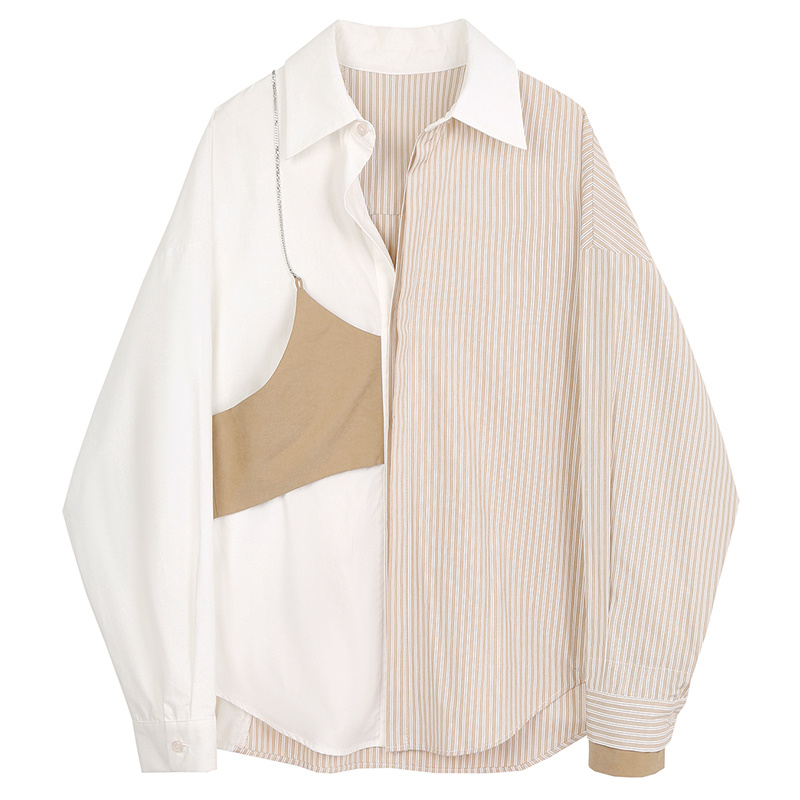 Striped Shirt Women' Design Feeling Color Matching Fake Two-Piece Loose Top Autumn Long Sleeve White Blouse Korean Shirts, Cnl0856
Striped Shirt Women' Design Feeling Color Matching Fake Two-Piece Loose Top Autumn Long Sleeve White Blouse Korean Shirts, Cnl0856