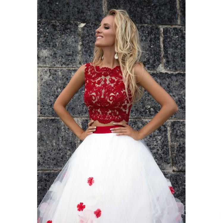 Two Pieces Red and White Prom Dresses A Line Lace Floral Flowers Evening Gowns Jewel Neck Formal Party Dress