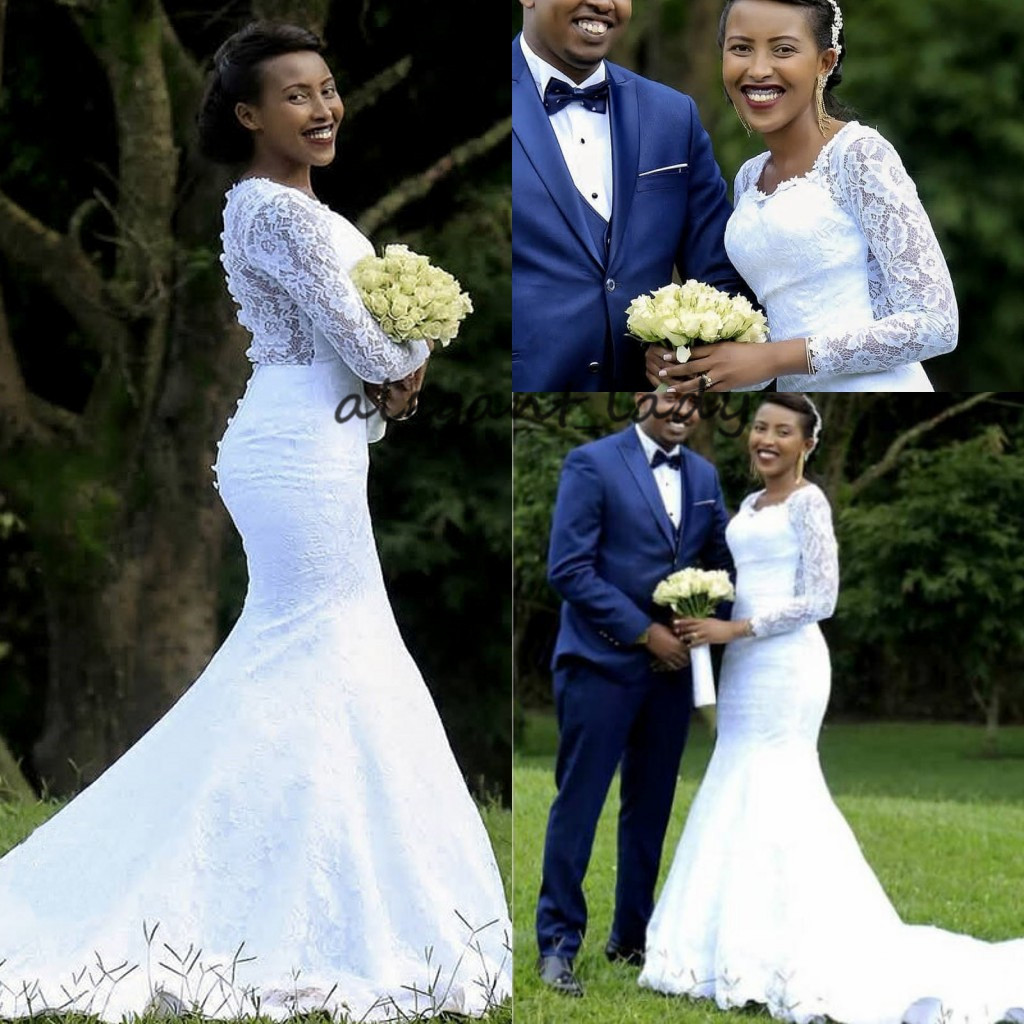 Full Lace Mermaid Wedding Dresses with Long Sleeve 2019 Sexy African Full Back Fishtail Country Bohemian Bridal Wedding Gown