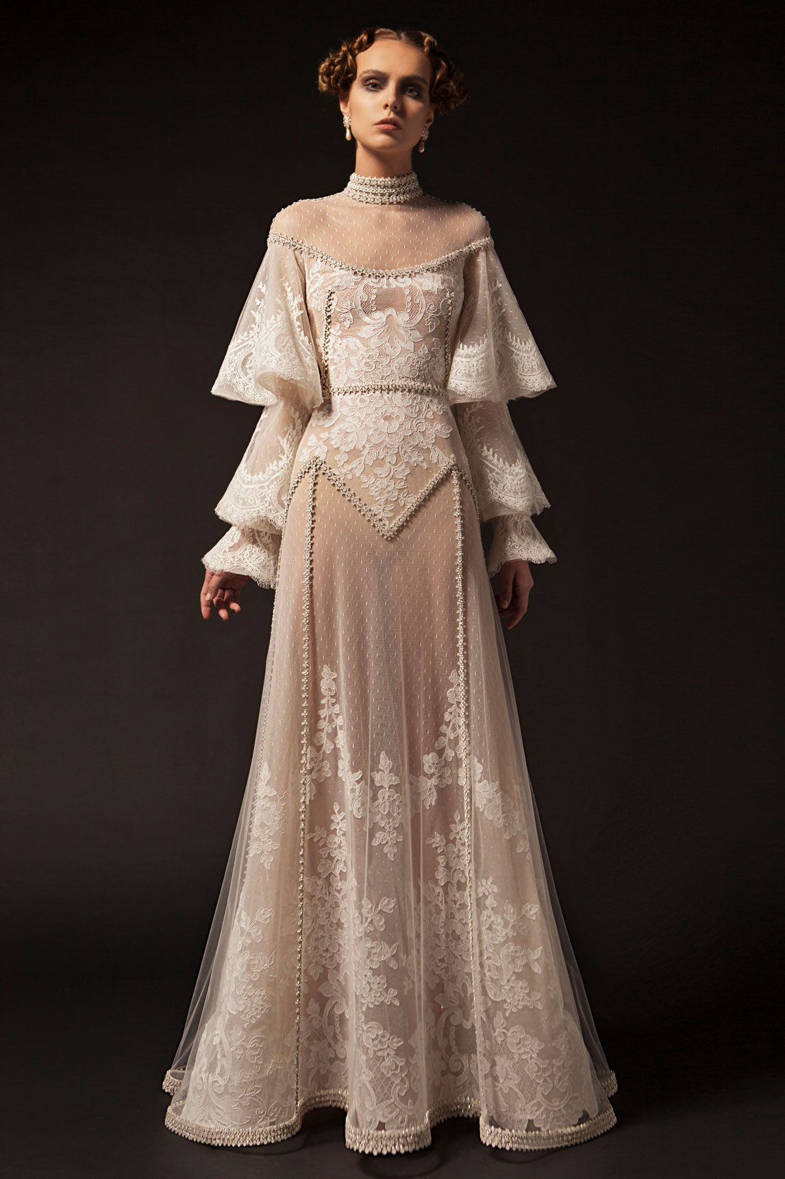 Krikor Jabotian 2019 New Prom Dresses High Neck Lace Applique Long Sleeve Beaded Formal Party Dress Vintage Pageant Evening Gowns