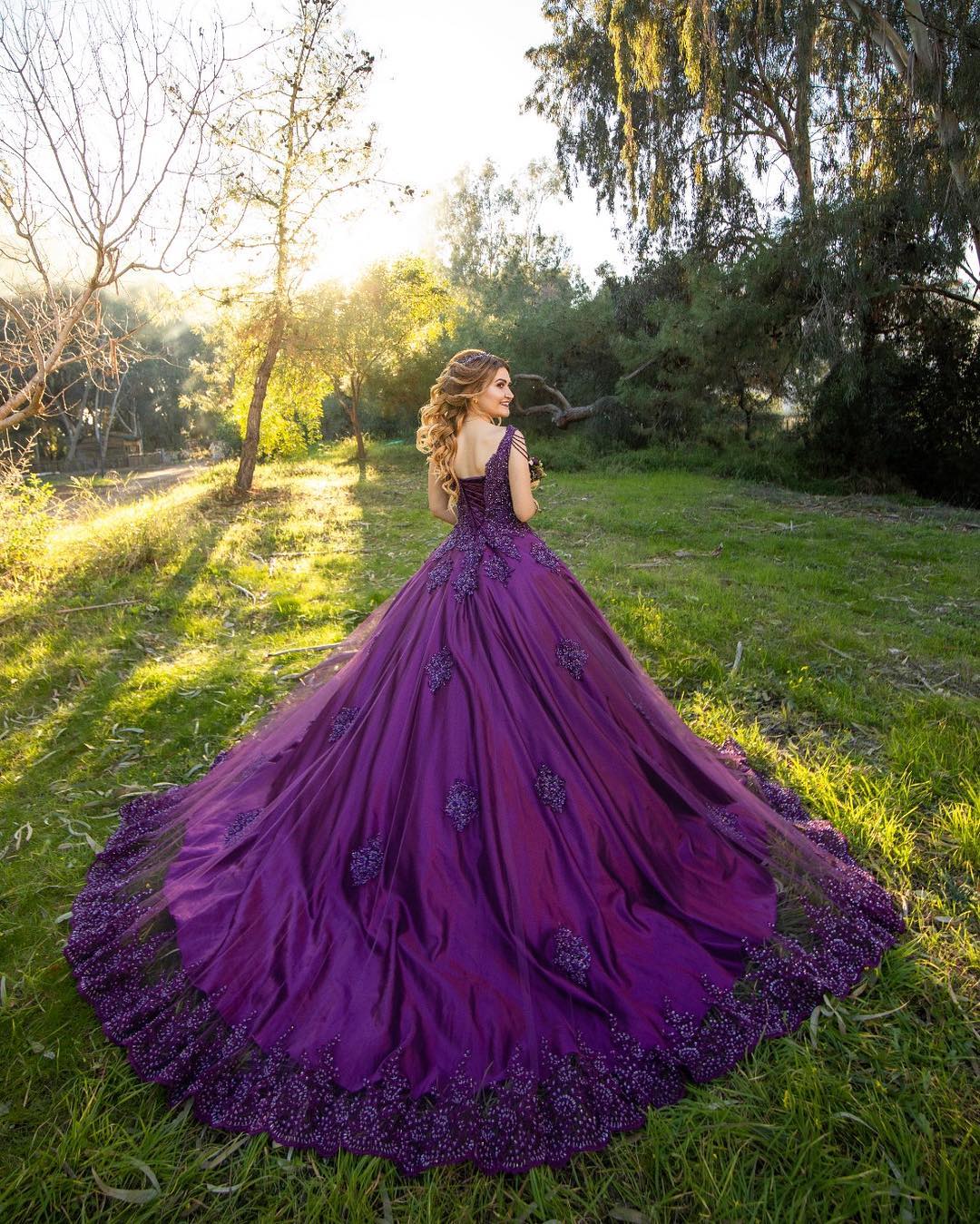 2019 Purple Vintage Prom Dresses V Neck Sequins Beaded Sweep Train Quinceanera Dress Women Formal Evening Gowns Lace Up robes de soirée