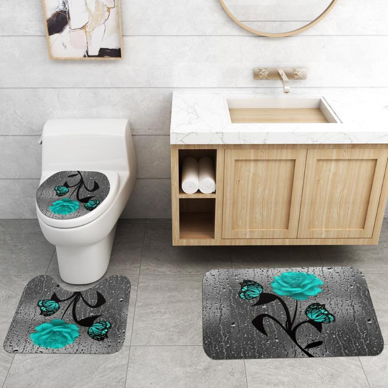 Flannel Bathroom Rugs Home Decor Bath Mat and Shower Curtain Set Toilet Bath Rugs None Slip Bathroom Carpet Toilet Floor Mat