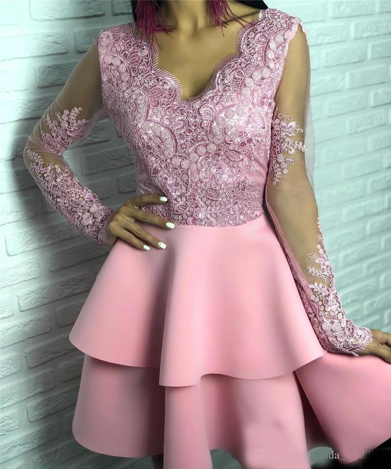 Sexy Pink Cocktail Dress 2020 Arabic Dubai Style Long Sleeves Knee Length Formal Club Wear Homecoming Prom Party Gown Plus Size Custom Made