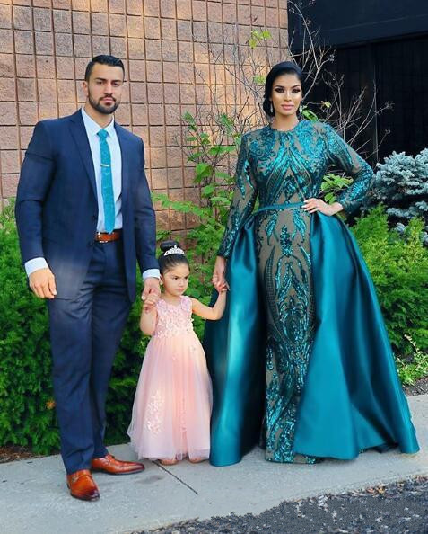 Hunter Teal Mermaid Prom Dresses with Long Sleeve 2019 Muslim Arabic Jewel Neck Detachable Train Lace Stain Formal Evening Gown