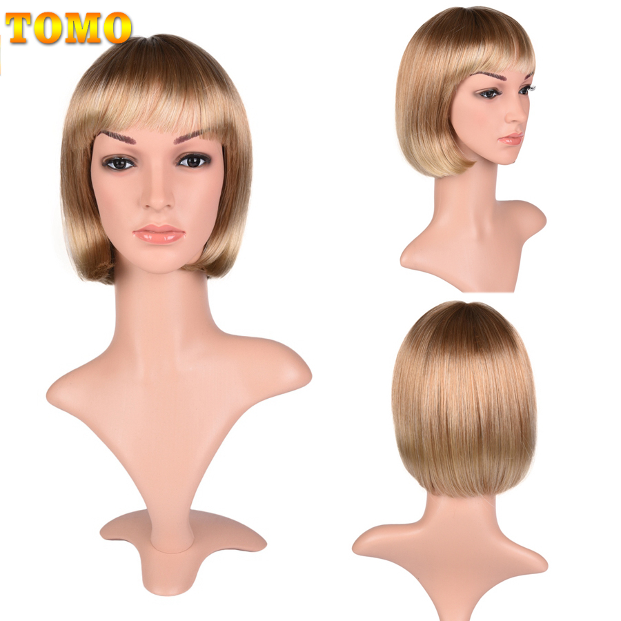

TOMO Blonde Short Bob Wigs Silky Straight Synthetic Black White Women's Wig with Bangs 10 Inches Cosplay Wig Female Soft Hair, 1btbd