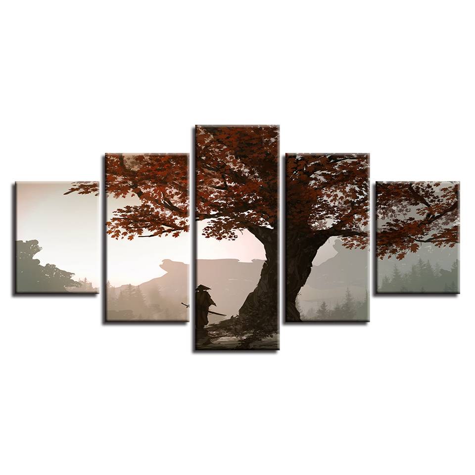 

Canvas HD Prints Modular Pictures Home Decor 5 Pieces Samurai Anime Paintings Wall Art Maple Tree Poster Living Room(No Frame)