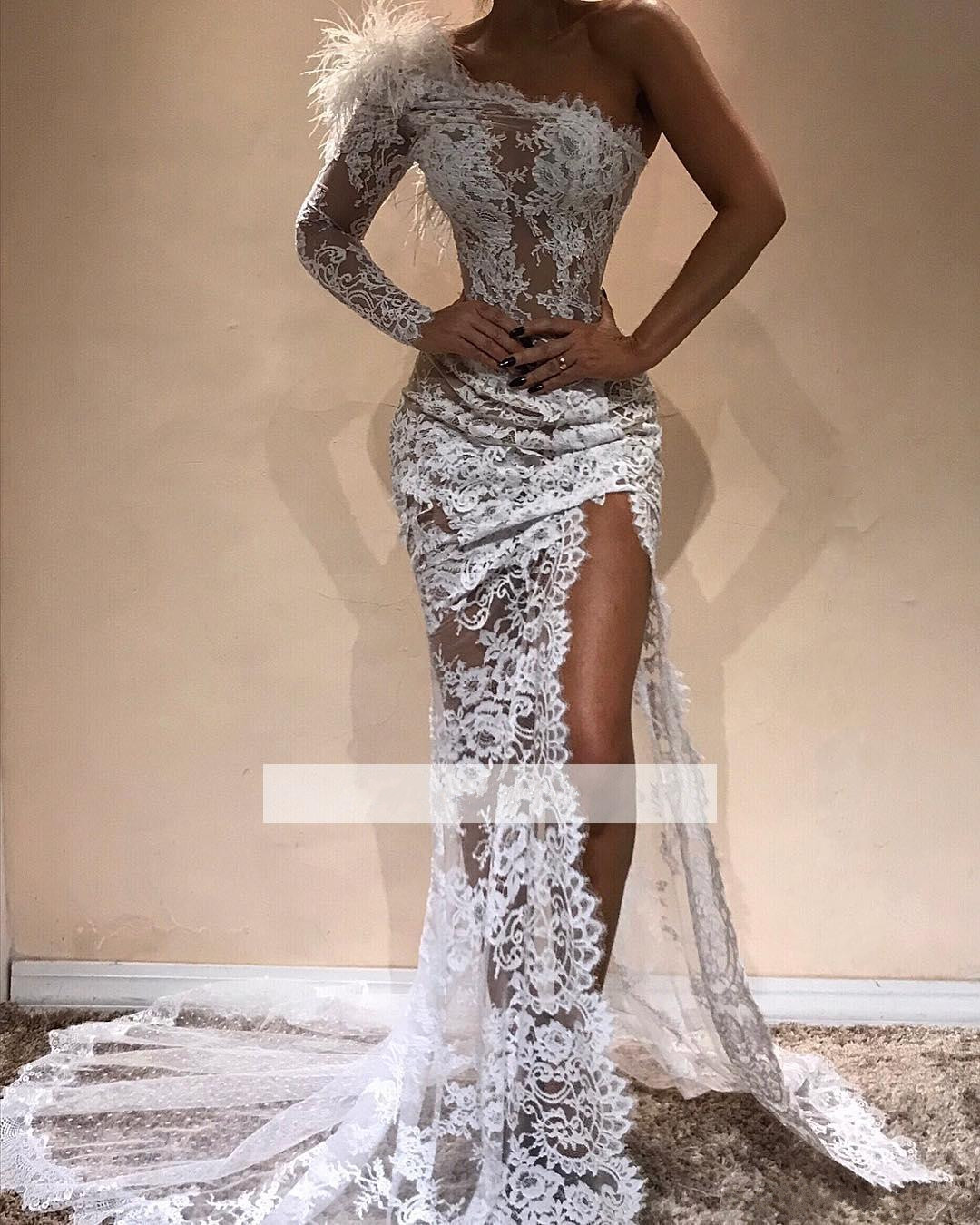 white full lace mermaid evening dresses hot sell side split modern one shoulder see through red carpet pageant celebrity gowns arabic