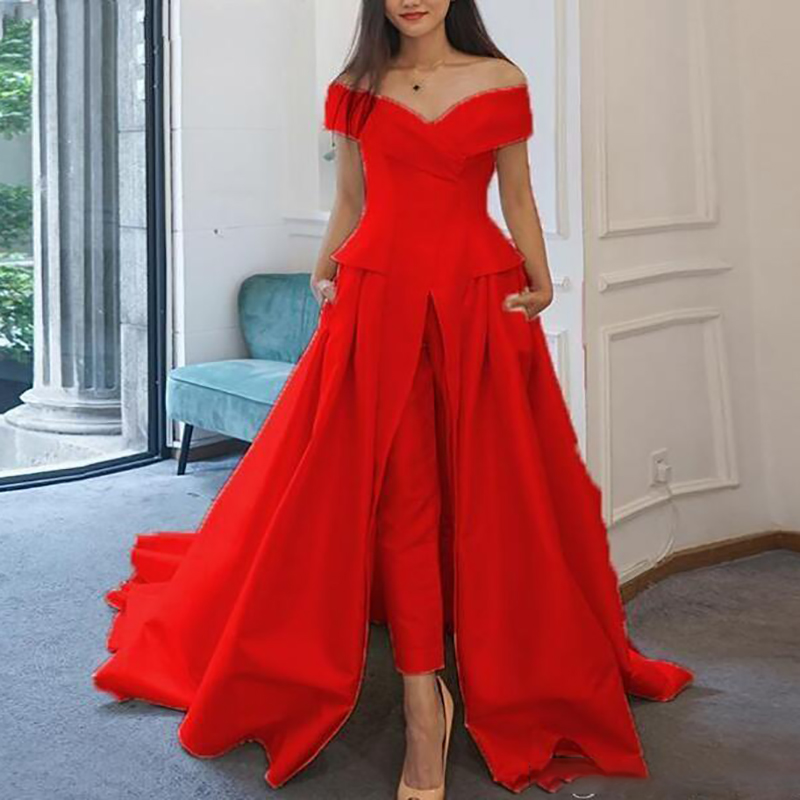 Elegant Jumpsuit Evening Formal Dresses 2020 Overskirt Off Shoulders Satin Pant Suit Prom Party Gowns Sweep Train Dubai Abaya Kaftan Dress