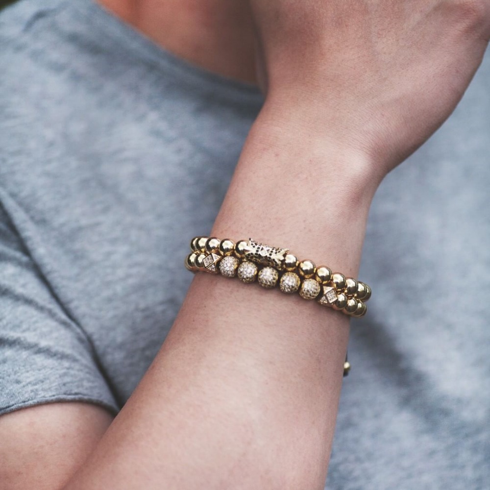 Men bracelet 2pcs/Set Luxury Crown Pave Cubic Zirconia Starlight Ball Charms Copper Beads Bangles For Women Gift Valentine's Day Christmas