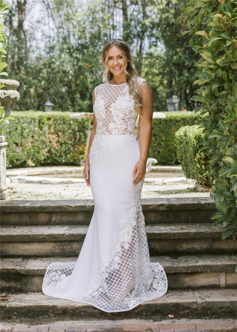 3D Appliqued Fashion Mermaid Wedding Dresses Sheer Bateau Neck Beaded Bridal Gowns Satin Sweep Train Trumpet Robe De Marie