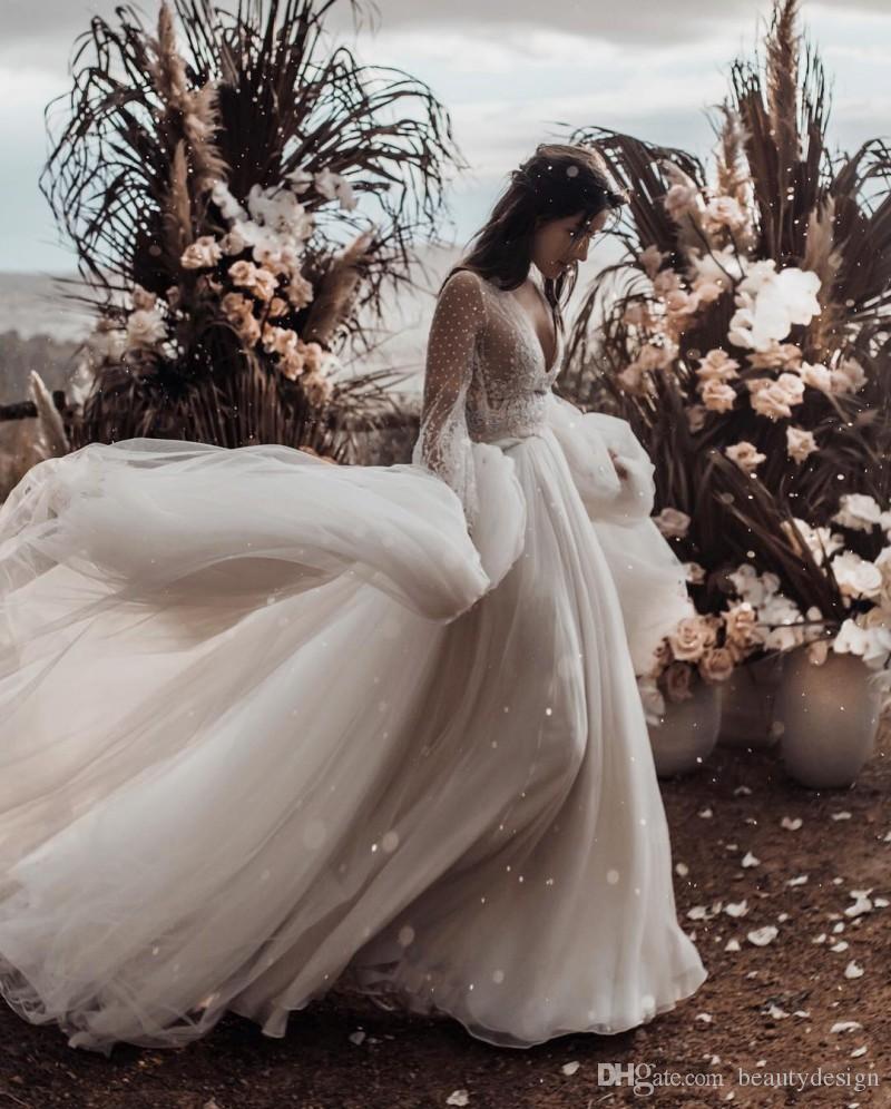 Beach New Elegant Two Pieces Wedding Dresses With Belt A E Long Sleeve Lace Appliqued Boho Sweep Train Tulle Bridal Dress Vestidos Ppliqued 6660306