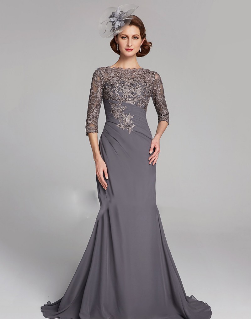 Chic Plus Size Mother Of The Bride Dresses Half Sleeves Jewel Neck Empire Waist Mother Of Groom Dress Chiffon Mermaid Evening Gowns