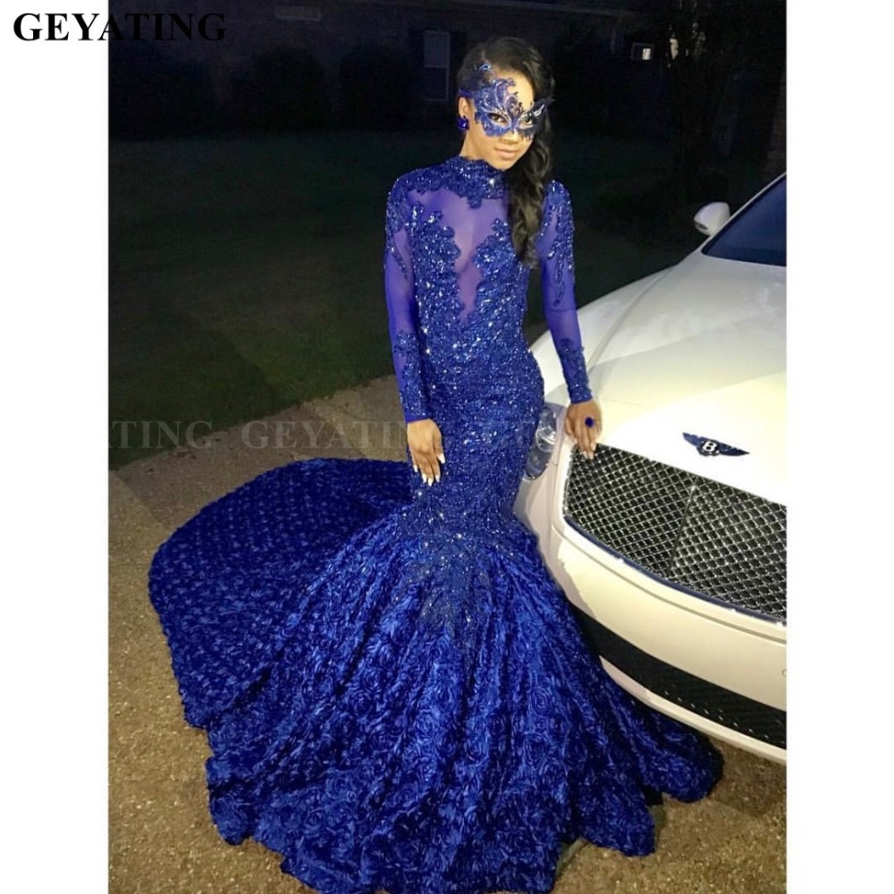 3D Flower Mermaid Royal Blue African Prom Dress Long Sleeves Chapel Train burgundy Beaded Crystal Plus Size Evening Graduation Party Dress