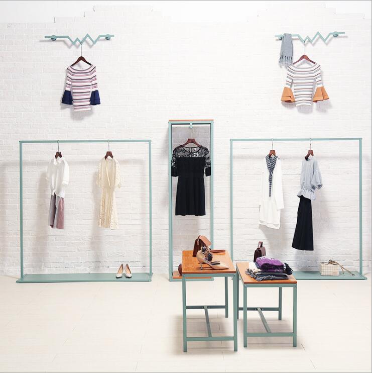 Blue floor hanger Commercial Furniture Landing style cloth store in the island shelf bale window display rack women's clothing hanging racks