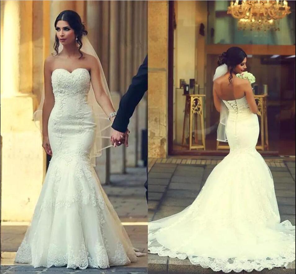 2019 New Saudi Arabic Mermaid Wedding Dresses Sweetheart Lace-up Back Appliques cheap sexy Long Bridal Gowns Sweep Train Plus Size, White
2019 New Saudi Arabic Mermaid Wedding Dresses Sweetheart Lace-up Back Appliques cheap sexy Long Bridal Gowns Sweep Train Plus Size, White