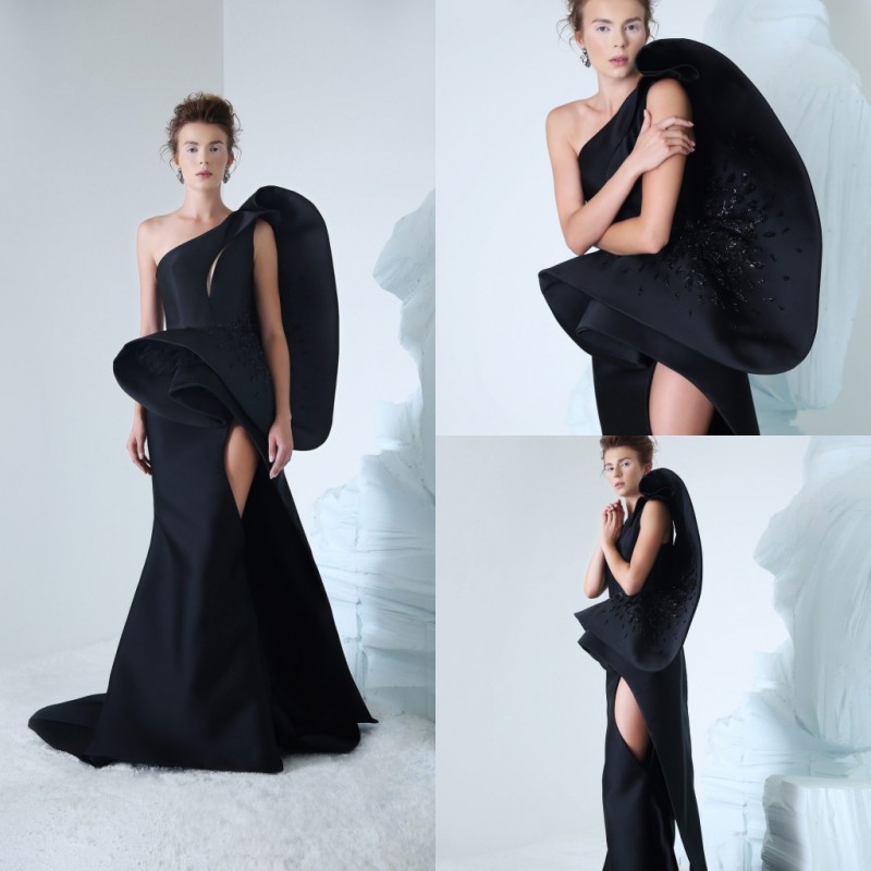 Azzi Osta 2019 Black Mermaid Prom Dresses One Shoulder Side Split Beaded Celebrity Party Gowns Sweep Train Long Formal Evening Dress