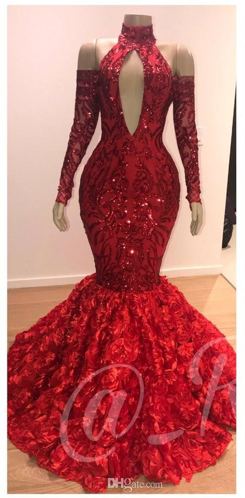 Luxury Dubai 3D Flowers Floral Red Sequined Evening Dresses 2019 High Neck Long Sleeves Mermaid Prom Gowns Formal Party Dress