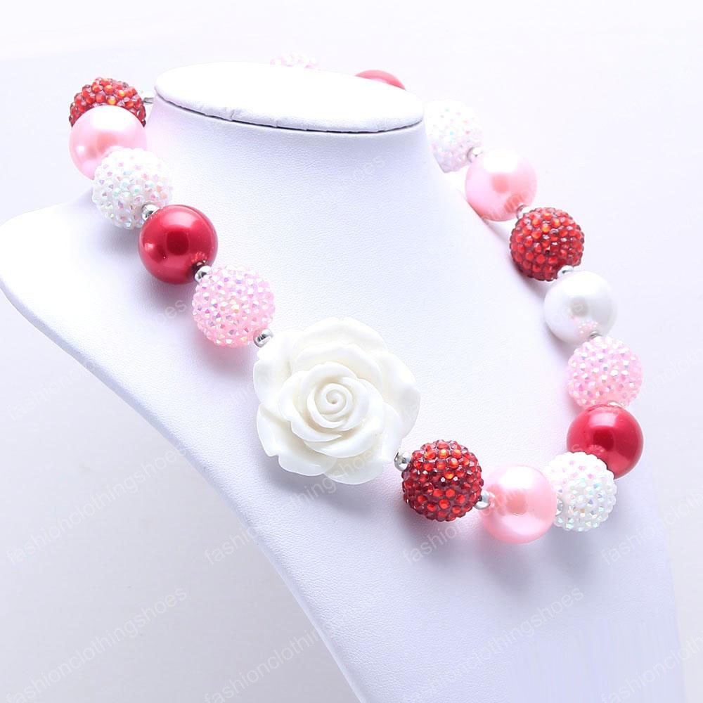 Pink Red Color Design Necklace&Bracelet Headband 3PCS Jewelry Set Rose Flower Toddlers Girls Bubblegum Baby Kids Chunky Necklace Jewelry Set