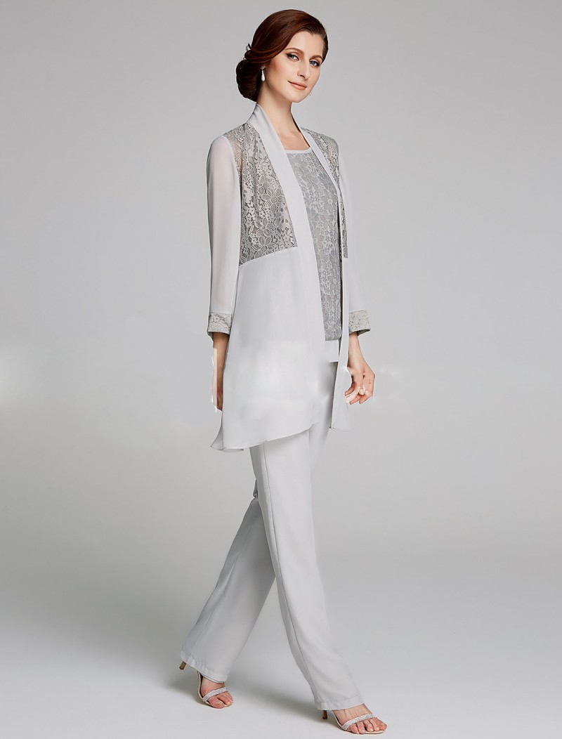 Plus Size Mother Of The Bride Pant Suit 3 Piece Chiffon for Beach Wedding Dress Mother's Dress Long Sleeves Chiffon Silver Evening Gowns